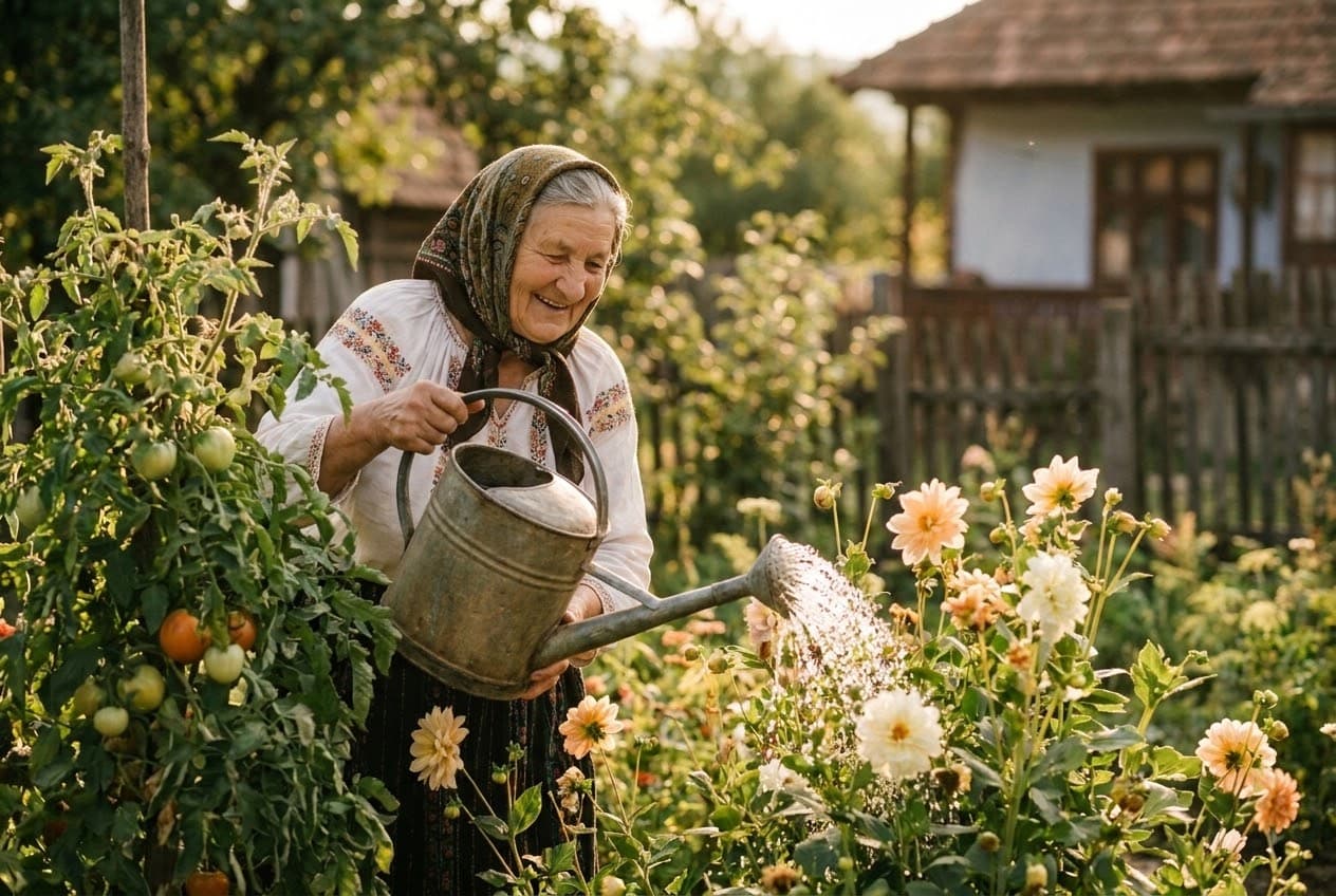 An elderly Romanian woman smiling among her tomatoes and flowers in a sunlit garden